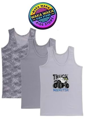 Erkek Çocuk Monster Truck Desenli 3’lü Atlet Seti – Pamuklu Rahat İç Giyim