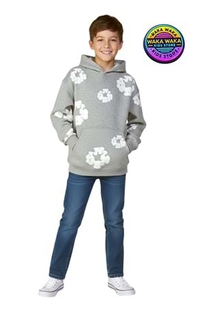 Çocuk Unisex Çiçek Desenli Kapüşonlu Sweatshirt