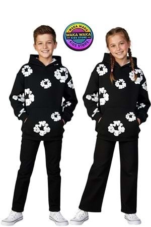 Çocuk Unisex Çiçek Desenli Kapüşonlu Sweatshirt