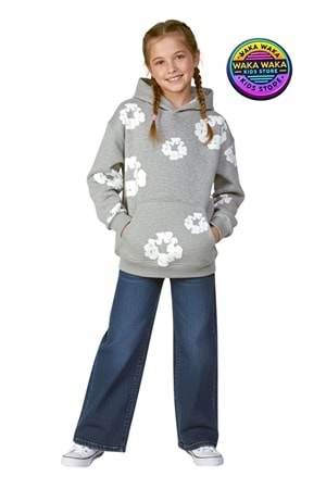 Çocuk Unisex Çiçek Desenli Kapüşonlu Sweatshirt