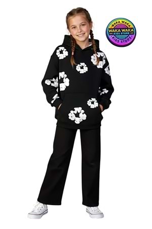 Çocuk Unisex Çiçek Desenli Kapüşonlu Sweatshirt