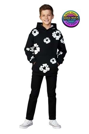 Çocuk Unisex Çiçek Desenli Kapüşonlu Sweatshirt