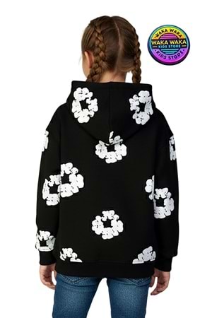 Çocuk Unisex Çiçek Desenli Kapüşonlu Sweatshirt