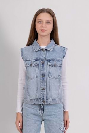 Kız Çocuk Mavi Kot Yelek – Düğmeli Denim Yelek