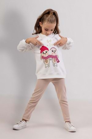 Kız Çocuk Best Friends Baskılı Beyaz Sweatshirt & Bej Tayt Kombini