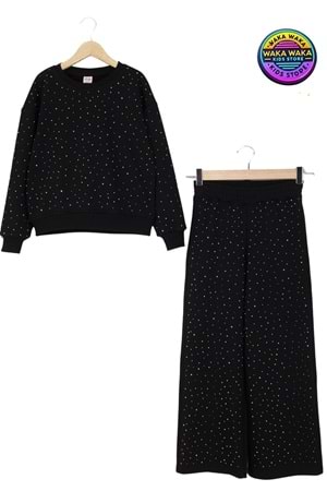 Kız Çocuk Taş Baskılı Puantiyeli Sweatshirt ve Geniş Paça Eşofman Takımı