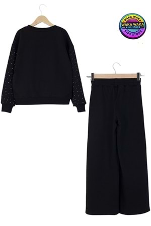 Kız Çocuk Taş Baskılı Puantiyeli Sweatshirt ve Geniş Paça Eşofman Takımı