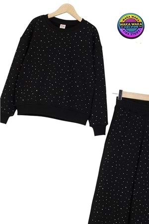 Kız Çocuk Taş Baskılı Puantiyeli Sweatshirt ve Geniş Paça Eşofman Takımı