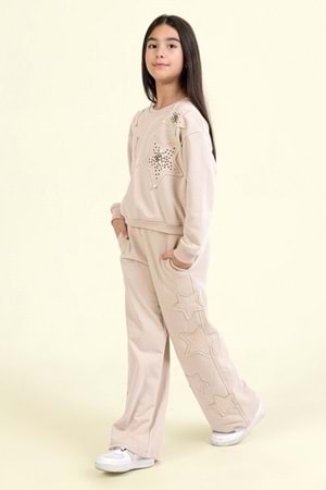 Kız Çocuk Taş Detaylı Yıldız Desenli İkili Takım – Sweatshirt & Eşofman Altı