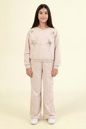 Kız Çocuk Taş Detaylı Yıldız Desenli İkili Takım – Sweatshirt & Eşofman Altı