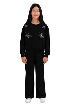 Kız Çocuk Taş Detaylı Yıldız Desenli İkili Takım – Sweatshirt & Eşofman Altı