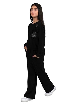 Kız Çocuk Taş Detaylı Yıldız Desenli İkili Takım – Sweatshirt & Eşofman Altı