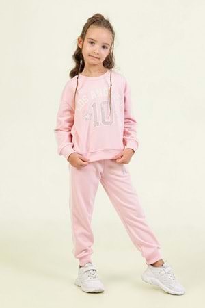 Kız Çocuk Los Angeles 10 Baskılı Pembe Sweatshirt & Eşofman Altı Takımı
