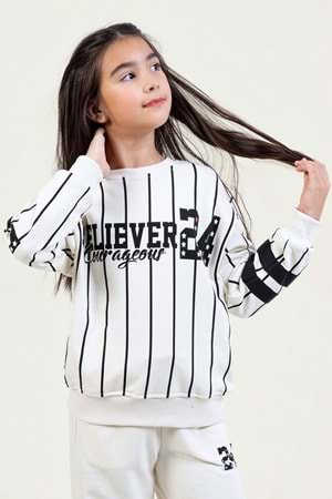 Kız Çocuk Beyaz & Siyah Çizgili Sweatshirt BELIEVER COURAGEOUS Baskılı, Rahat Kesim