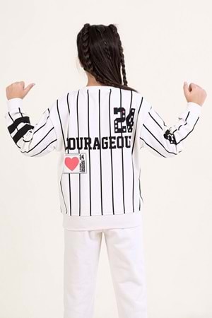 Kız Çocuk Beyaz & Siyah Çizgili Sweatshirt BELIEVER COURAGEOUS Baskılı, Rahat Kesim