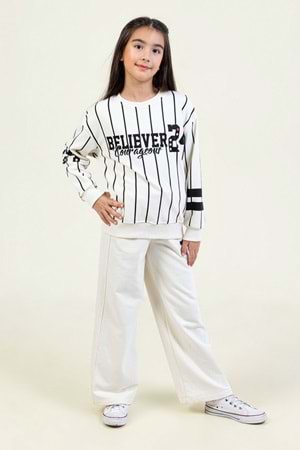 Kız Çocuk Beyaz & Siyah Çizgili Sweatshirt BELIEVER COURAGEOUS Baskılı, Rahat Kesim