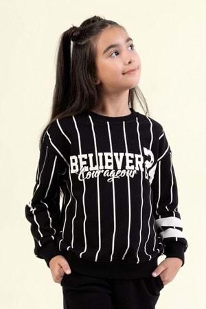 Kız Çocuk Beyaz & Siyah Çizgili Sweatshirt BELIEVER COURAGEOUS Baskılı, Rahat Kesim