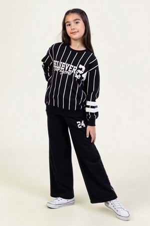 Kız Çocuk Beyaz & Siyah Çizgili Sweatshirt BELIEVER COURAGEOUS Baskılı, Rahat Kesim