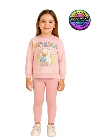 Kız Çocuk Capybara Desenli Pembe Sweatshirt ve Siyah Tayt İkili Takım