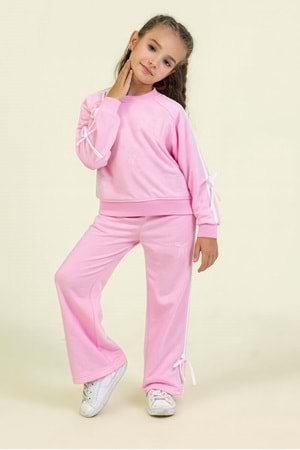 Kız Çocuk Fiyonk Desenli Beyaz Sweatshirt & Eşofman Altı Takımı
