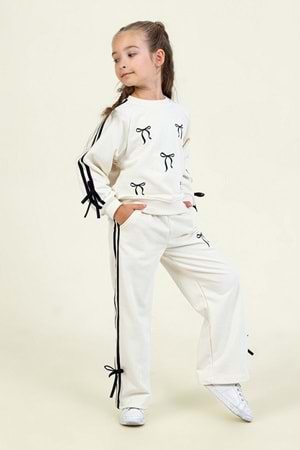 Kız Çocuk Fiyonk Desenli Beyaz Sweatshirt & Eşofman Altı Takımı
