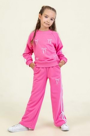 Kız Çocuk Fiyonk Desenli Beyaz Sweatshirt & Eşofman Altı Takımı