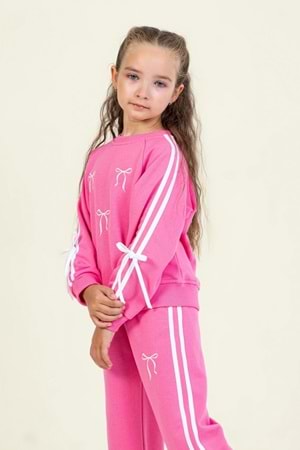 Kız Çocuk Fiyonk Desenli Beyaz Sweatshirt & Eşofman Altı Takımı