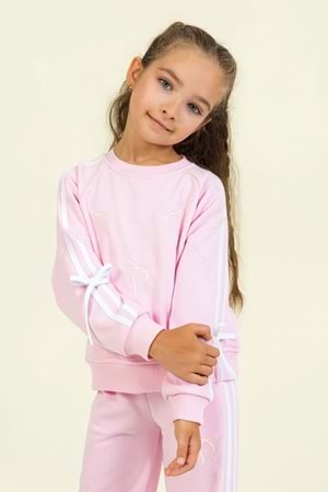 Kız Çocuk Fiyonk Desenli Beyaz Sweatshirt & Eşofman Altı Takımı