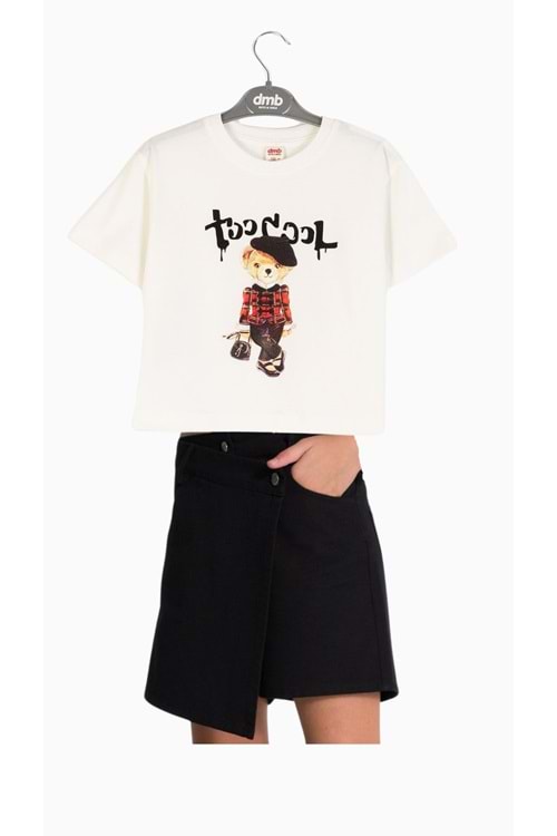 Ayıcık Baskılı T-Shirt Kot Şort Etekli Kız Çocuk Takım