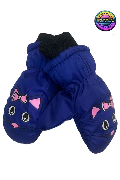 Kız Çocuk Su Geçirmez Kedi Desenli Polar Astarlı Kışlık Eldiven