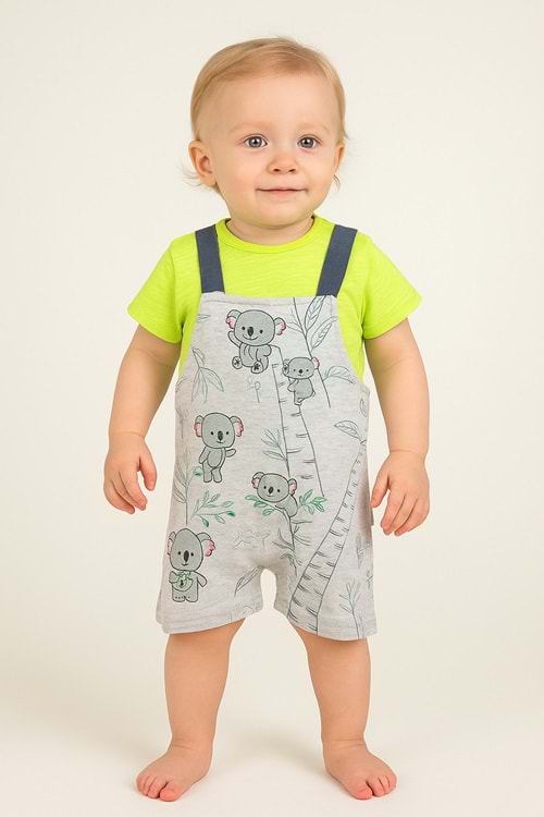 Koala Baskılı Neon Yeşil Bebek Salopet Takım (2 Parça)