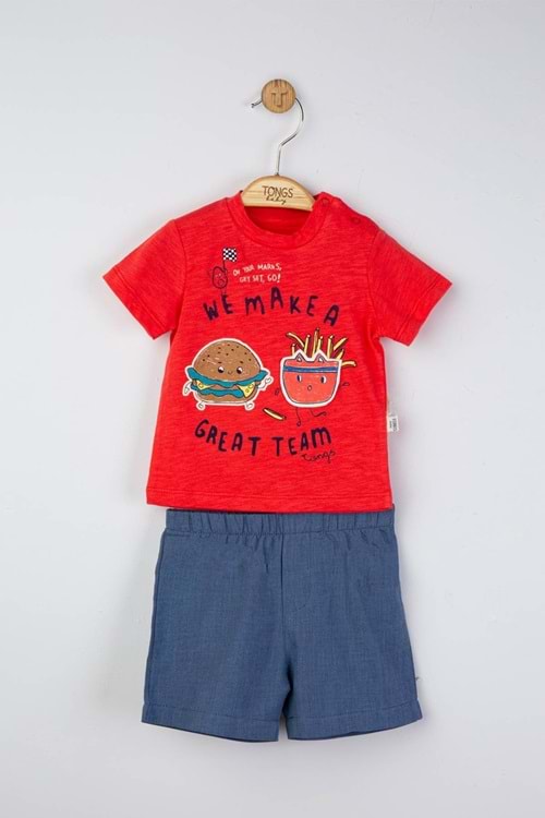 Hamburger ve Patates Baskılı Kırmızı Bebek Takım