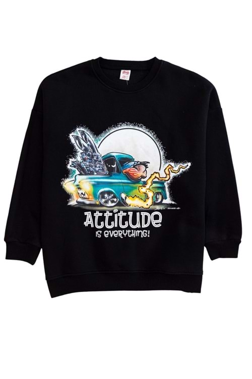 Bisiklet Yaka Önü Baskılı Oversize Sweatshirt - Siyah - 13-14 YAŞ