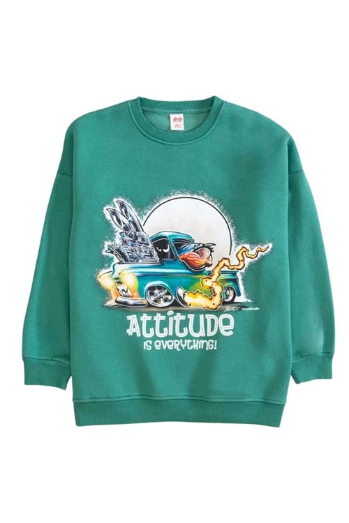 Bisiklet Yaka Önü Baskılı Oversize Sweatshirt - Yeşil - 12-13 YAŞ