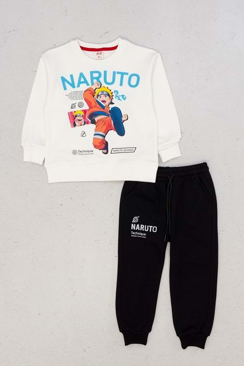 Önü Naruto Baskılı Sweat Eşofmanı Lastikli Paça Takım - Ekru - 4-5 YAŞ