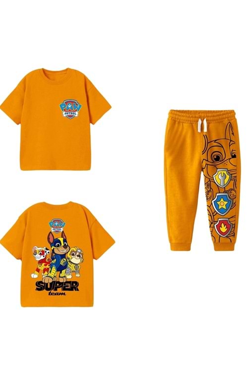 Önü Arkası Paw Patrol Baskılı Bisiklet Yaka Alt Üst Takım - Oranj - 3-4 YAŞ