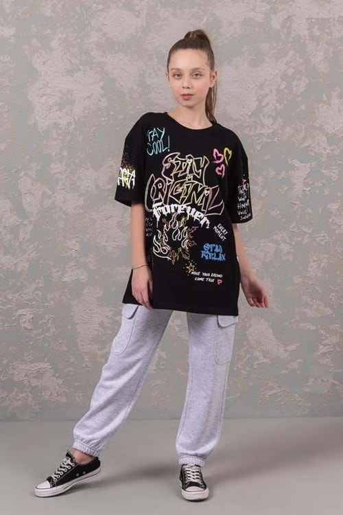 Önü Arkası Baskı Detaylı Bisiklet Yaka Kız T-Shirt - 12-13 YAŞ