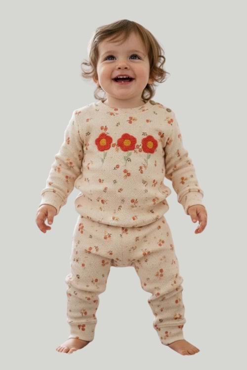 Çiçek Aplikeli Omuzdan Düğmeli Kız Bebek Alt Üst Takım - Bej - 6-9 AY