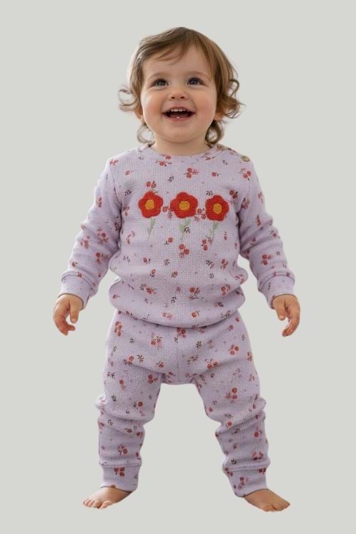 Çiçek Aplikeli Omuzdan Düğmeli Kız Bebek Alt Üst Takım - Lila - 3-6 AY