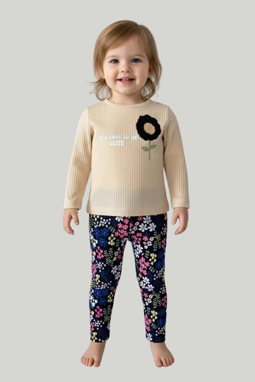Önü Baskılı Çiçek Aplikeli Alt Üst Takım - Bej - 6-9 AY