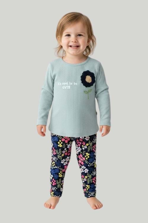 Önü Baskılı Çiçek Aplikeli Alt Üst Takım - Mavi - 6-9 AY