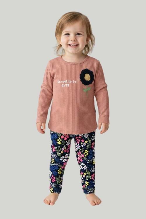 Önü Baskılı Çiçek Aplikeli Alt Üst Takım - Pudra - 6-9 AY