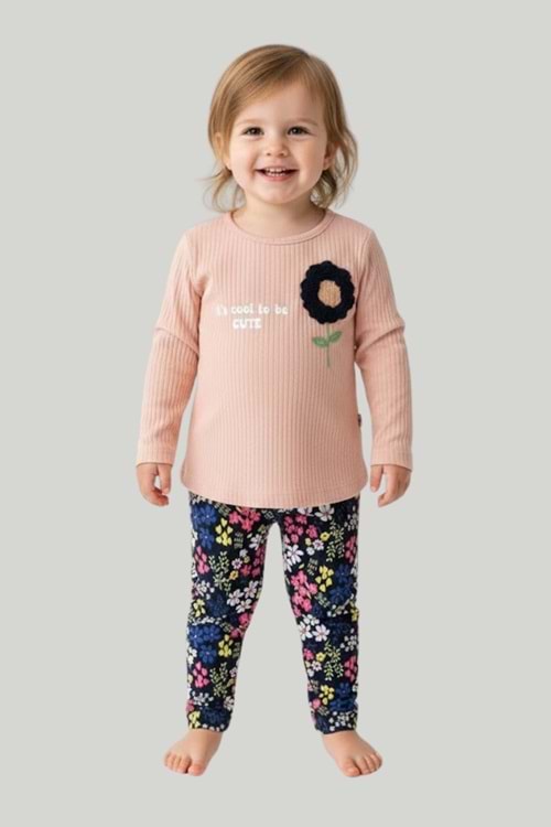 Önü Baskılı Çiçek Aplikeli Alt Üst Takım - Toz Pembe - 3-6 AY