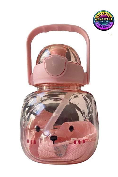 Ayıcık Figürlü Çocuk Matara 500 ml - Sevimli Şeffaf Suluk Askılı & Sızdırmaz Kapak