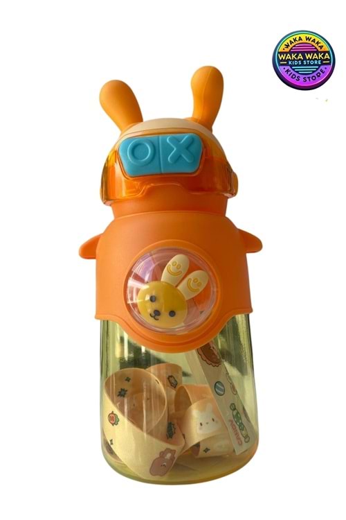 Kulaklı Figürlü Çocuk Matara 600 ml - Sevimli Renkli Suluk Askılı & Pipetli