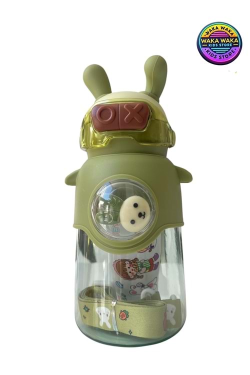 Kulaklı Figürlü Çocuk Matara 600 ml - Sevimli Renkli Suluk Askılı & Pipetli