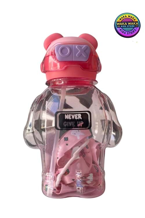 Never Give Up Yazılı Ayıcık Figürlü Çocuk Matara 600 ml - Şeffaf, Pipetli & Askılı Suluk