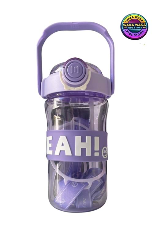 EAH! Yazılı Renkli Çocuk Matara 650 ml - Pipetli, Askılı, Şeffaf Suluk