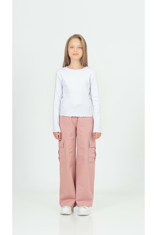 Kargo Cepli Beli Lastikli Kordon Bağlamalı Gabardin Kız Pantolon - Pudra - 8-9 YAŞ