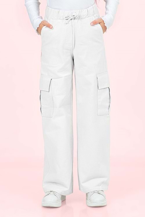 Kız Çocuk Beyaz Kargo Cep Detaylı Geniş Paça Gabardin Pantolon